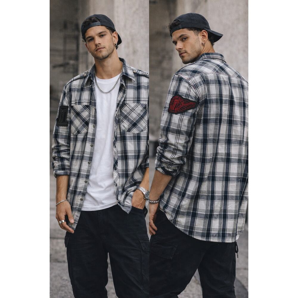 Harley Davidson Plaid Button Down Shirt Gray Black Patch Workwear Men’s L